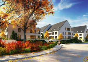 3D-Exterior-Architektur-Visualisierung eines Mehrfamilienhauses im Herbstlicht