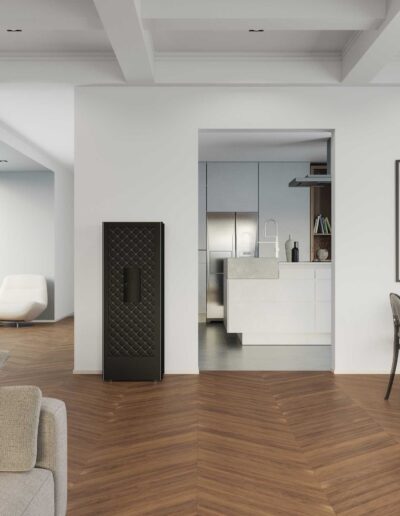 3D-Produkt-Visualisierung eines edlen Safes im Wohnzimmer