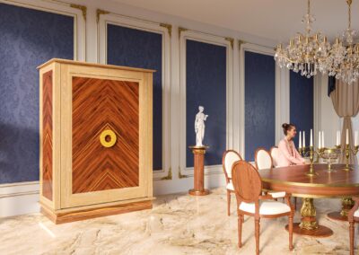 3D-Visualisierung des Produkts "Premium-Tresor" im Essbereich eines modernen und luxuriösen Schlosses