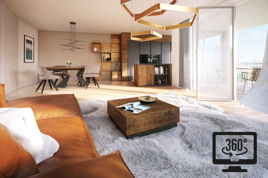 3D-Visualisierung-Thumbnail (360°-Grad-Panorama): Wohnzimmer mit Leder-Sofa und weichem Teppich