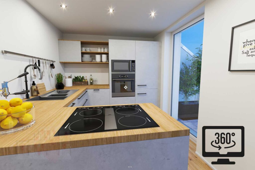 3D-Visualisierung-Thumbnail (360°-Grad-Panorama): Blick von Küche in Wohnraum