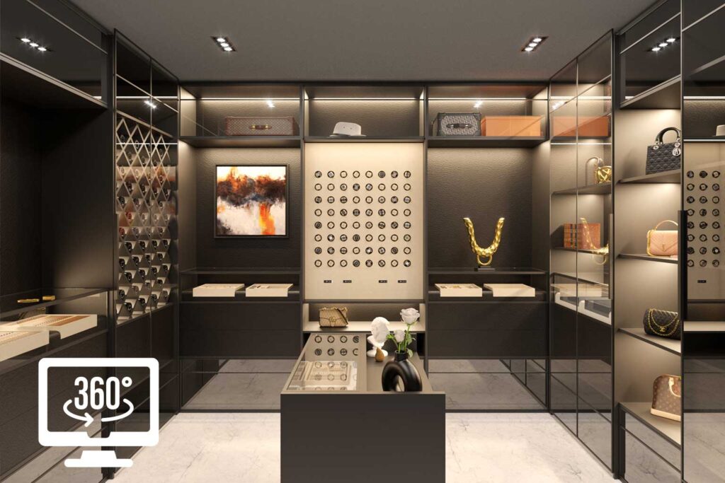3D-Panorama eines edlen Private Vault Rooms (begehbarer Tresor) in dunklem Holz