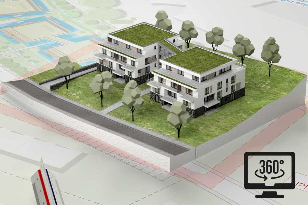 3D-Objekt-Panorama eines MFH im Look eines Architektur-Modells