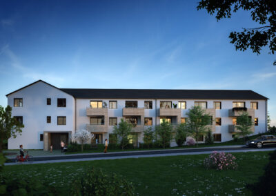 3D-Visualisierung orthogonal in Abendstimmung auf ein Mehrfamilienhaus