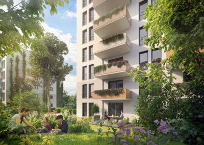 3D-Exterior-Architektur-Visualisierung eines grün-bewachsenen Mehrfamilienhauses