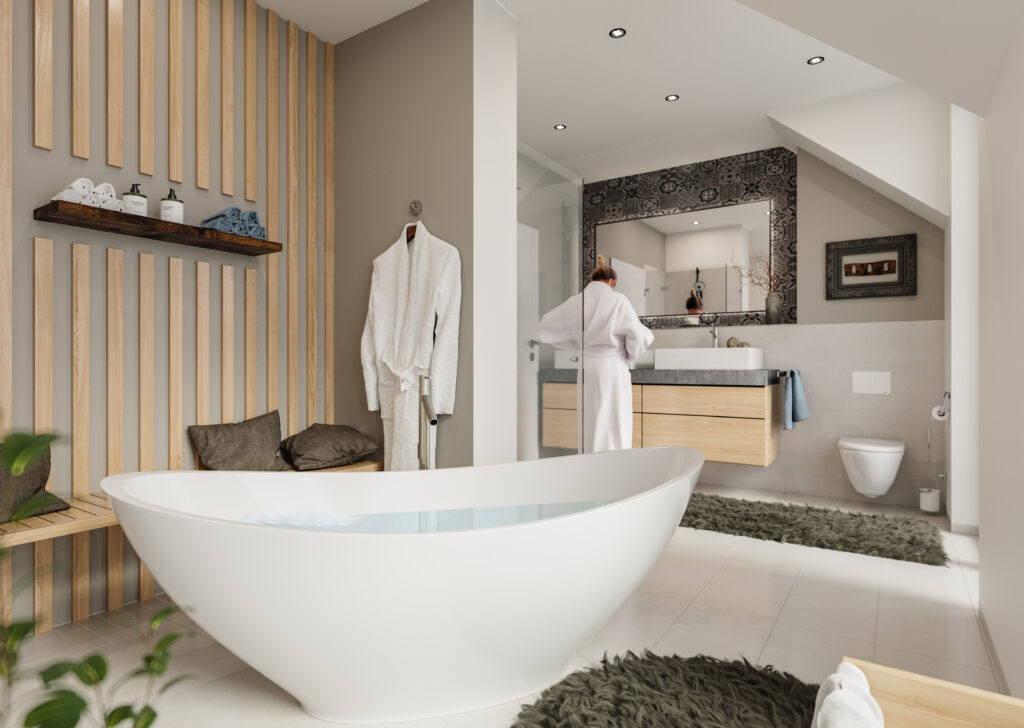 3D-Interior-Architektur-Visualisierung eines modernen Badezimmers mit freistehender Wanne