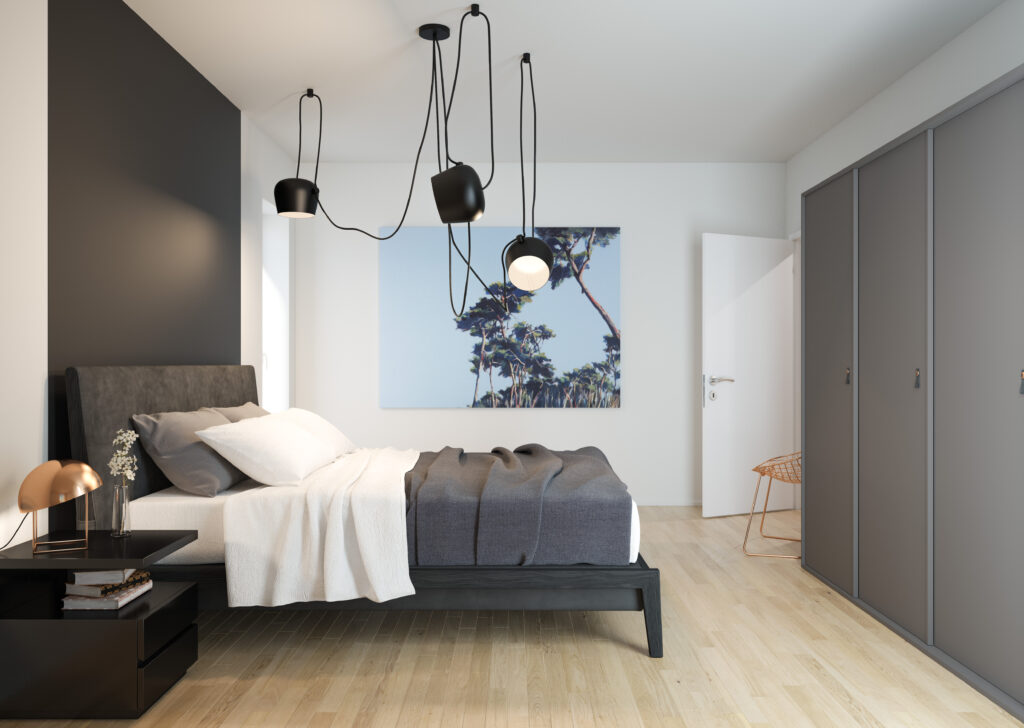 3D-Interior-Architektur-Visualisierung eines Schlafzimmers in grau