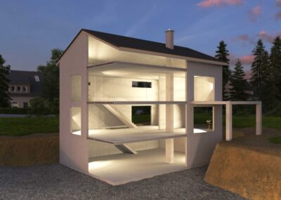 Technische 3D-Visualisierung eines EFH - Blick auf Betonrohdecken mit Kabelschächten