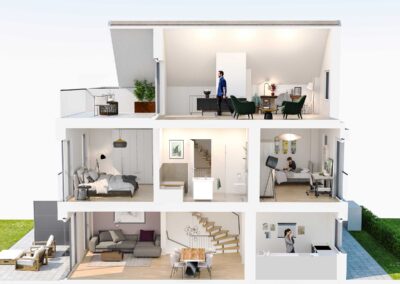 Technische 3D-Visualisierung eine Reihenhauses (Schnitt / Infografik)