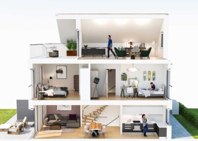 Technische 3D-Visualisierung eine Reihenhauses (Schnitt / Infografik)
