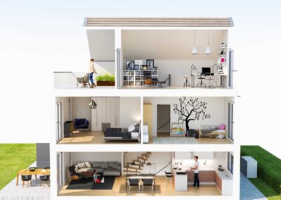 Technische 3D-Visualisierung eine Reihenhauses (Schnitt / Infografik)